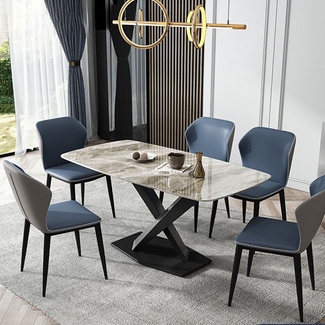 Modern Pedestal Casual Dining Table Stone Top Black Frame Dining Site Table