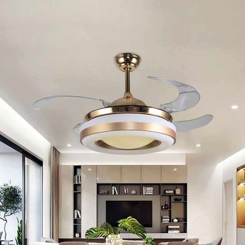 Lámpara de ventilador colgante de oro de 19 "de ancho Modernismo LED acrílico Semi-Flush Light, 4 cuchillas