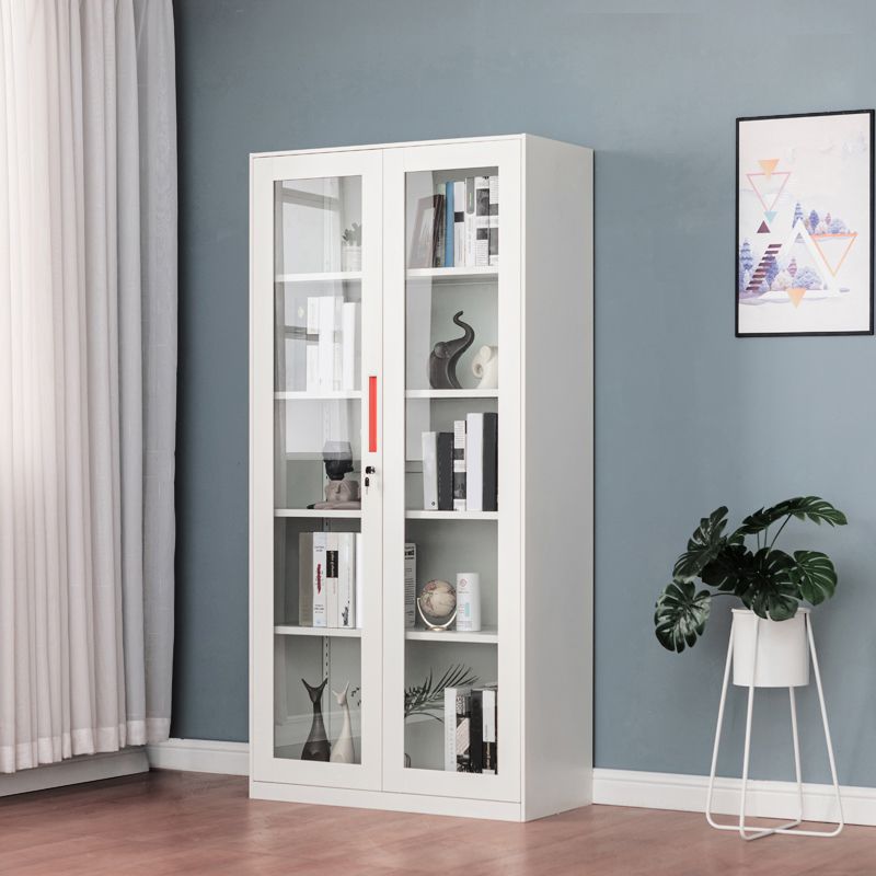 Modern Style Metal Bookshelf White Close Back Bookcase with Door for Home Office