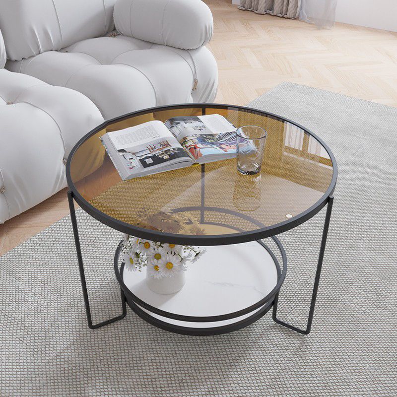 Round Cocktail Table Glass Top Single Coffee Table with Shelf