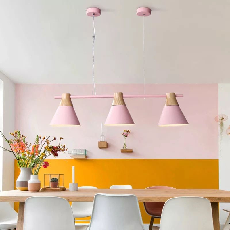 Metallic Cone Hanging Light Kit Modernism 3 Heads Island Lighting Fixture with Wood Top