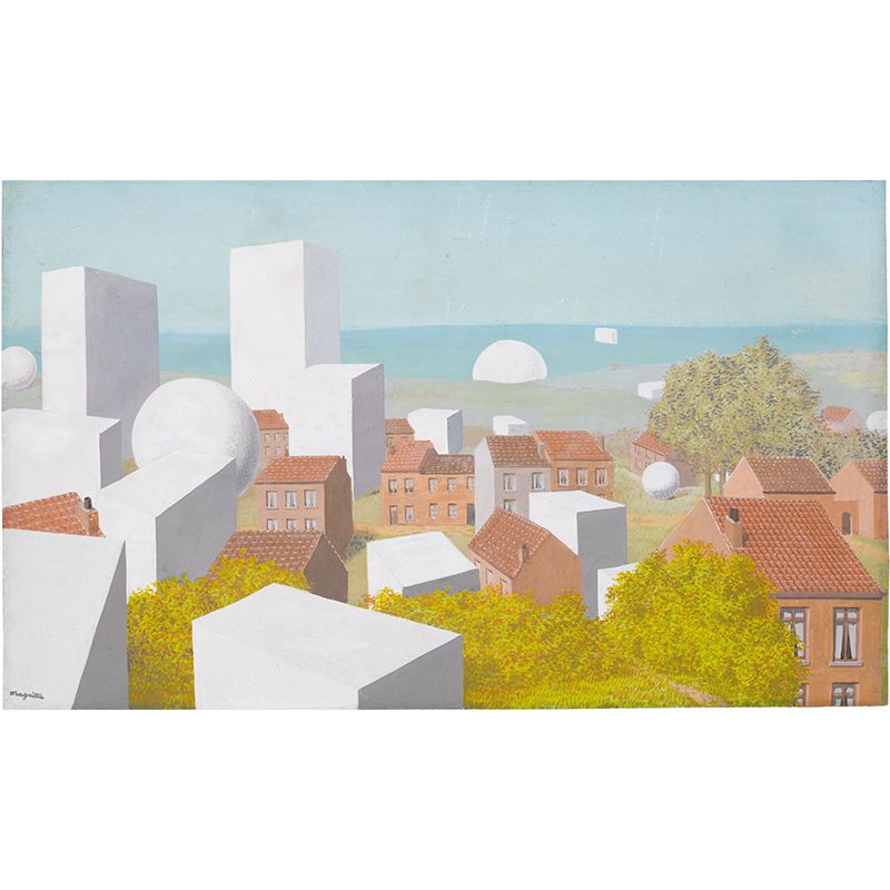 Orange-gelbe surrealistische Tapetenwandbilder in Originalgröße, Küstenstadtmalerei, Wanddekoration für Zuhause