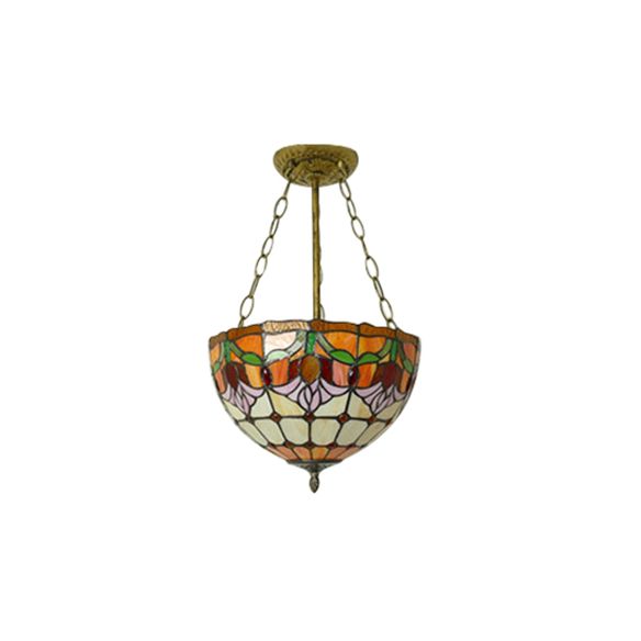 Orange Bowl Pendant Light 12"/16" Width Tiffany Rustic Stained Glass Chandelier for Foyer
