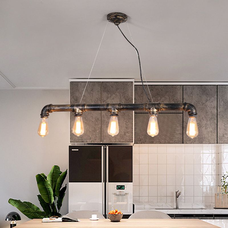 Steampunk Water Pipe Island Light Wrought Iron Suspended Lighting Fixture in Bronze
