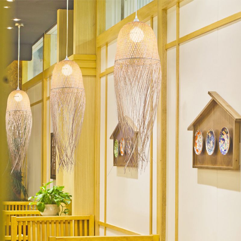 Hand-Knitted Pendant Light with Tassel Design Modern Bamboo 1 Head Beige Hanging Lamp for Dining Room