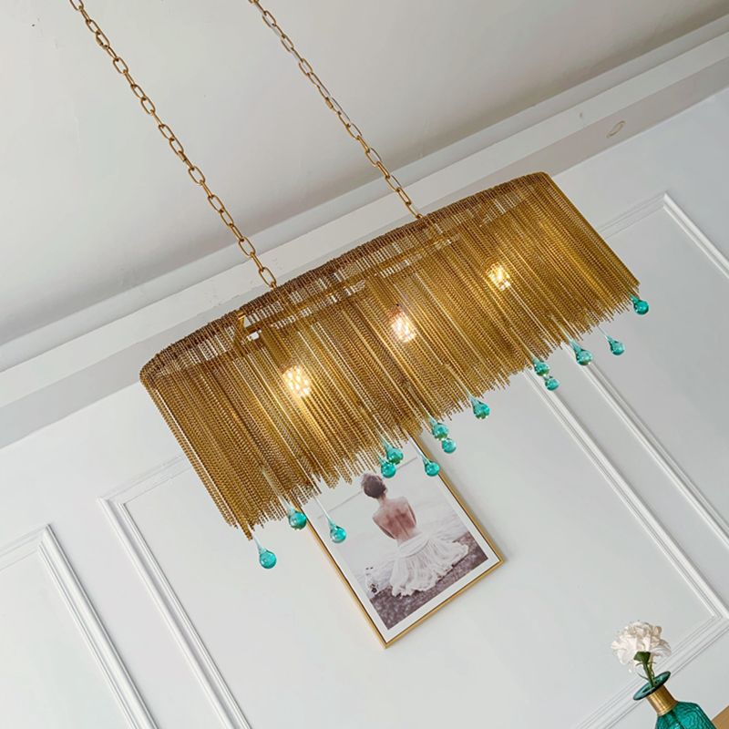 Aluminum Tassel Chandelier Postmodern Brass Finish Hanging Lamp with Blue Crystal Drops
