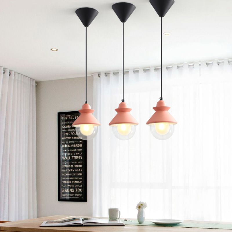 Black/Pink Conical Hanging Ceiling Light Macaron Style 1 Bulb Metal Pendant Lamp with Double Glass Shade