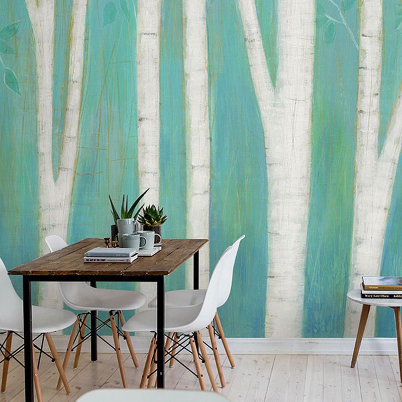 Contemporary Wall Art Green and Blue Birch Tree Mural Wallpaper, Personalized Size Available