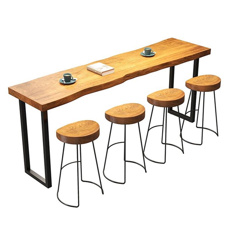 Light Brown Solid Wood Top Bar Table with Black Sled Modern Pub Table for Small Places