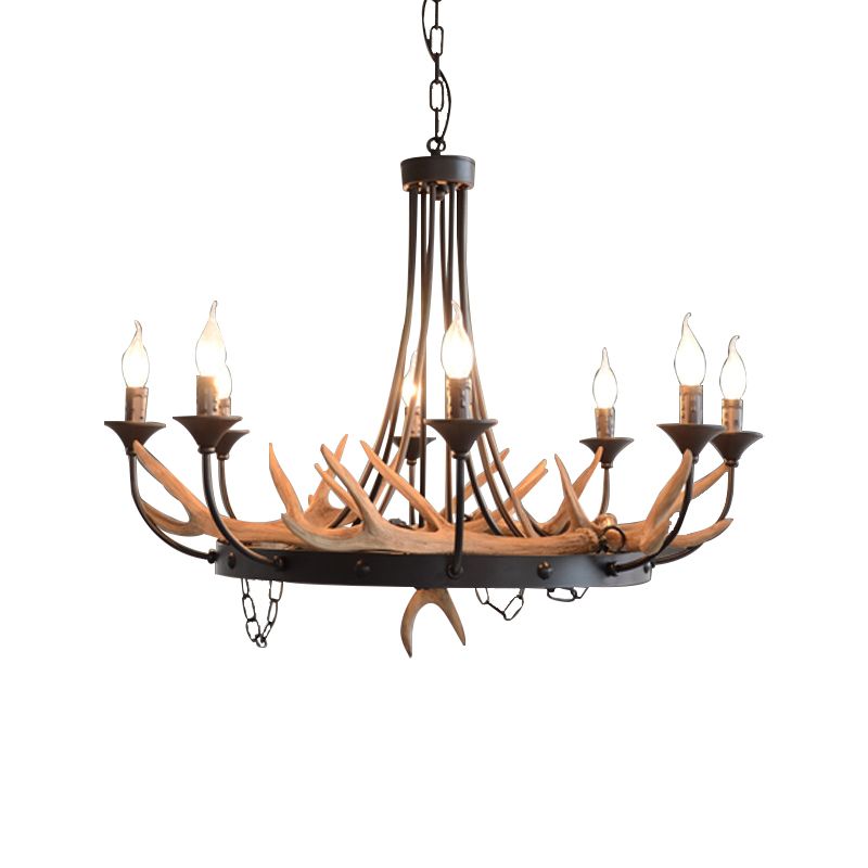 Candelabra Resin Ceiling Lamp Cottage 8-Bulb Dining Room Pendant Chandelier in Black