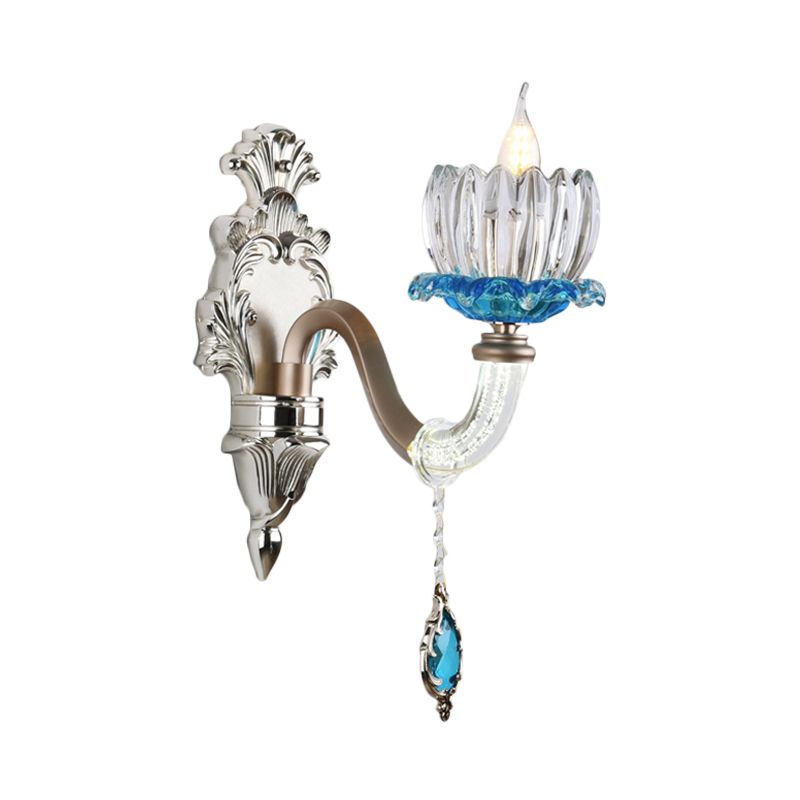 Clear Glass Floral Wall Light Modern Style 1/2-Light Chrome Finish Sconce Lamp with Metal and Crystal Arm