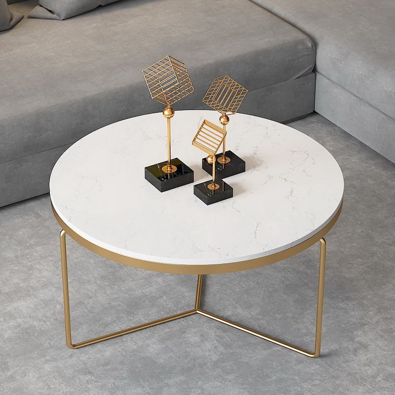 Round Coffee Table Set with Golden Iron X-Base and Marble Top