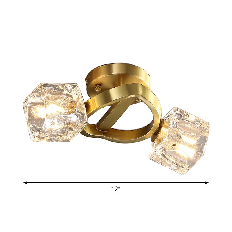 Gold Half-Circle Semi Mount Lighting Postmodern Metal 2/5/8-Head Foyer Ceiling Flush Light in Gold with Square Crystal Shade