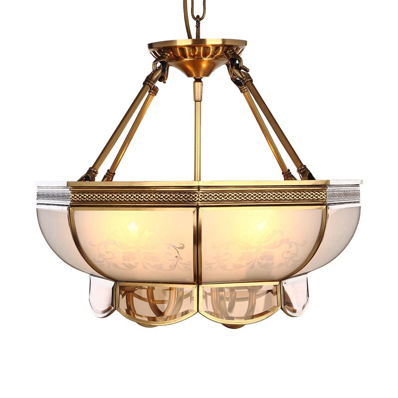 4 Bulbs Bowl Hanging Chandelier Colonial Brass Frosted Glass Ceiling Suspension Lamp for Living Room