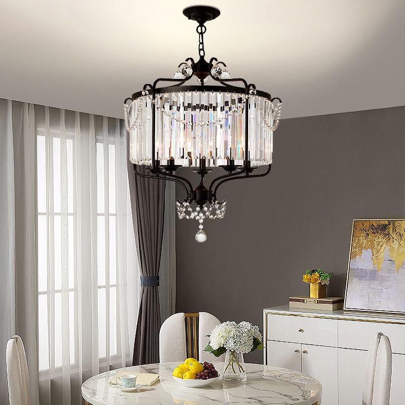 Clear K9 Crystal Chandelier Vintage Black Round Dining Room Hanging Light Fixture