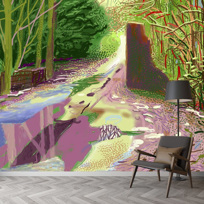 Big Puddles on Road Mural Waterproof Modern Art Bedroom Wall Covering in Pink-Yellow