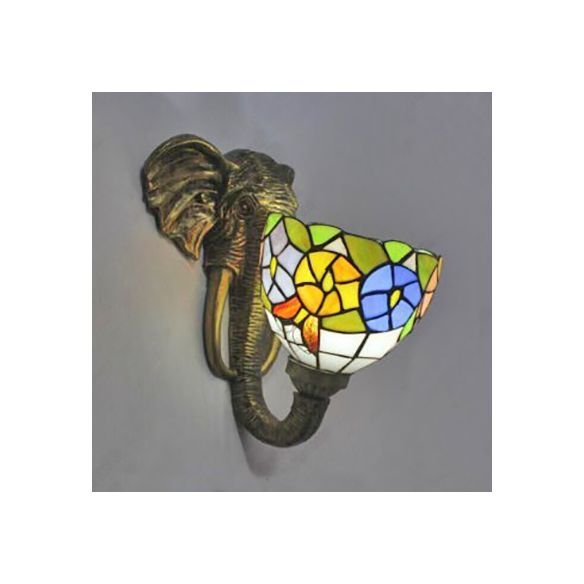 Bowl Sconce Lighting with Elephant Design and Flower/Morning Glory/Dragonfly/Blue Flower Pattern Lodge Style Stained Glass Wall Lamp in Brass