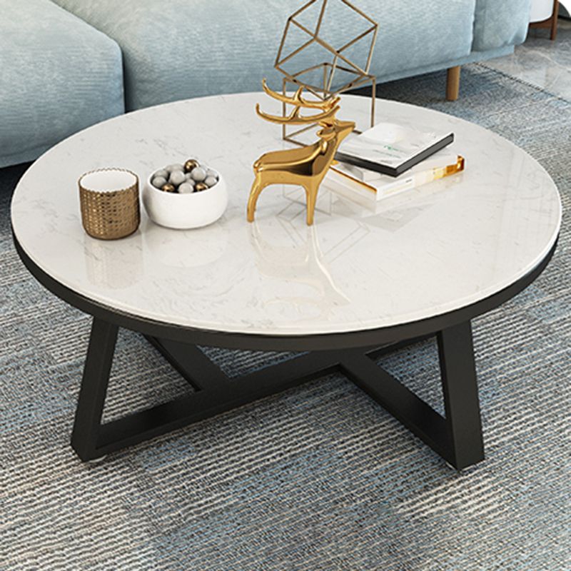 Glam Cross Legs Coffee Table Faux Marble Round Cocktail Table