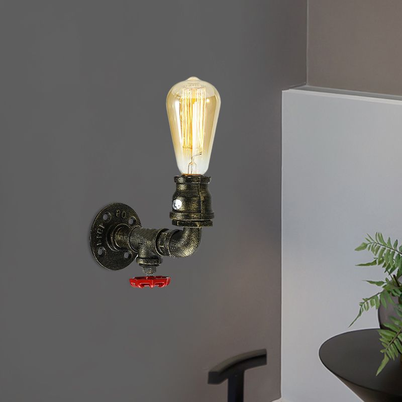 Bronze Plumbing Pipe Sconce Light Factory Metal 1 Bulb Restaurant Wall Lamp with Water Valve, 1/2 Packs