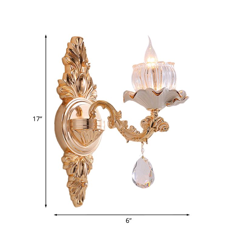 Traditional Ruffle Wall Mount Light 1/2-Head Clear Ribbed Glass Sconce Lighting with Carved Arm in Gold