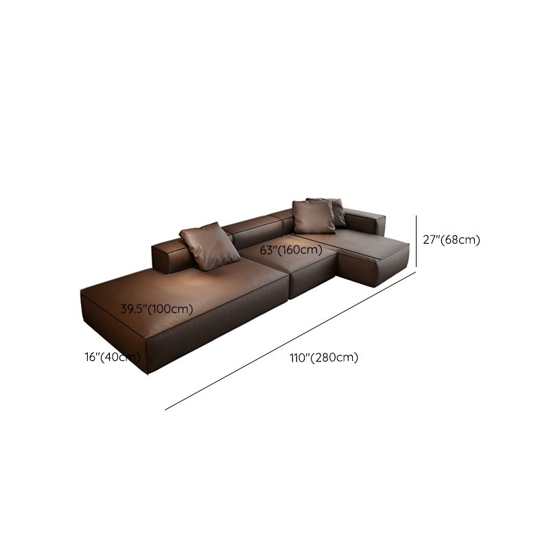 Modern Sectional Set, Genuine Leather Square Arm Sectional sofa, Brown