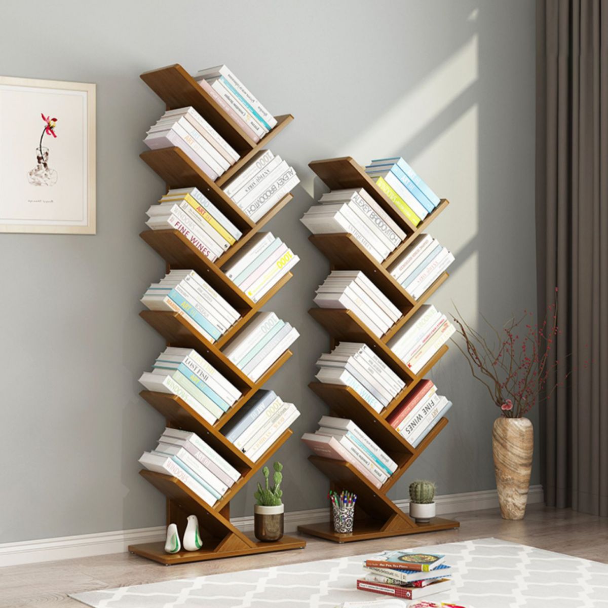 Modern Bamboo Bookshelf Geometric Closed Back Vertical Bookcase