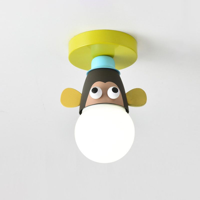 Single Bulb Bedroom Semi-Flush Mount Lighting Kids Yellow Ceiling Lamp with Giraffe / Monkey / Tiger Metal Shade