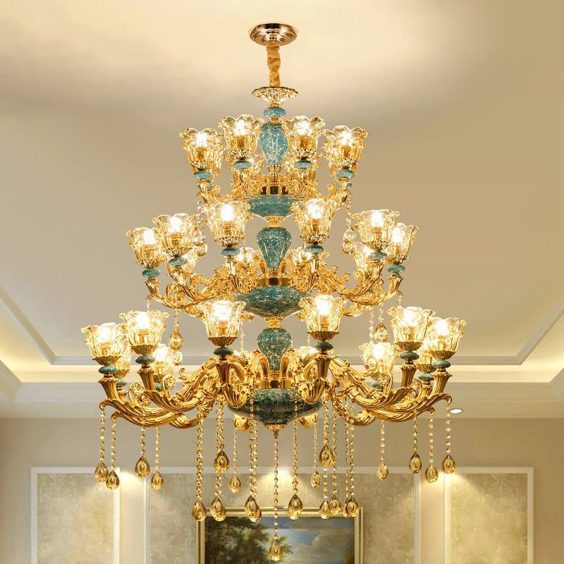 Ruffled Edge Living Room Chandelier Light Retro Handblown Glass Gold Pendant Light Fixture with Crystal Draping