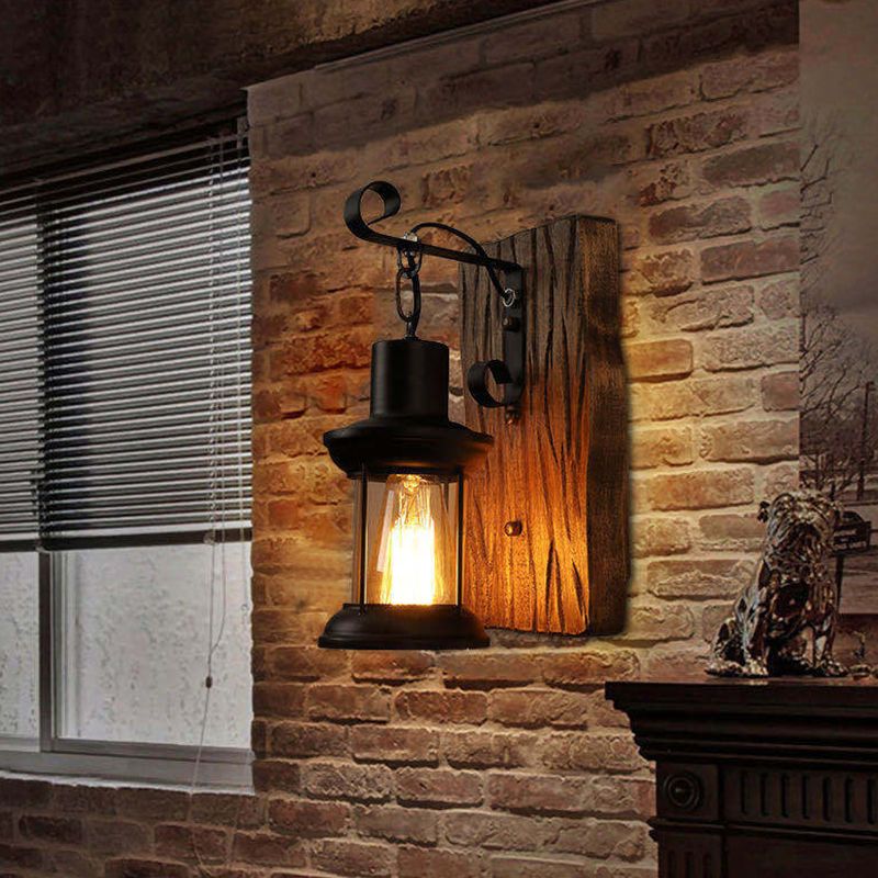 Industrial Lantern Wall Mount Light 1-Light Iron Wall Light Fixture with Clear Glass Shade for Restaurant