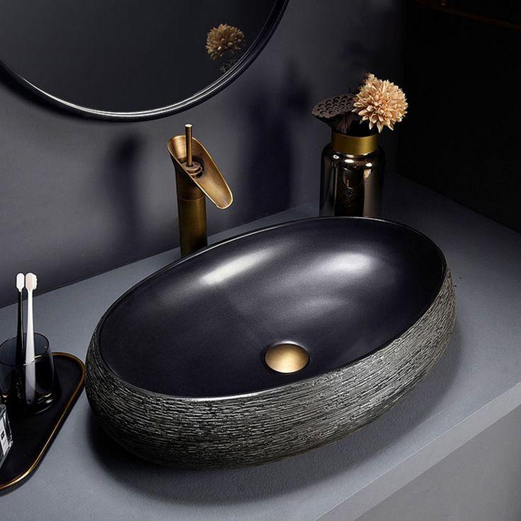 Modern Bathroom Sink Black Oval Ceramic Bathroom Sink with Faucet
