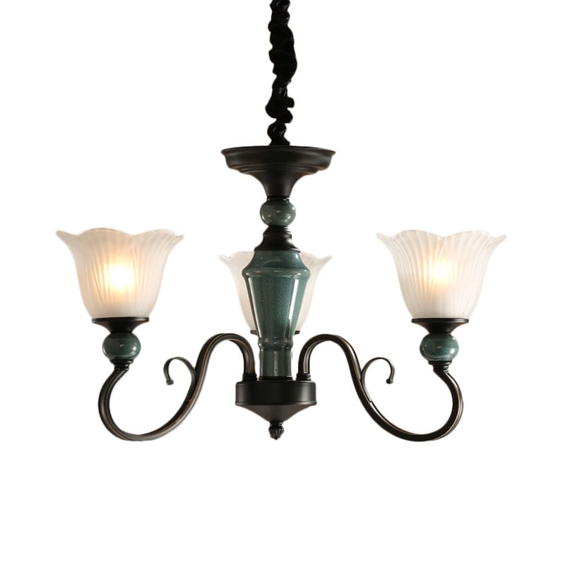 3/6-Light Pendant Light Rural Style Frosted Ribbed Glass Chandelier Lighting Fixture in Black with Swirl Arm