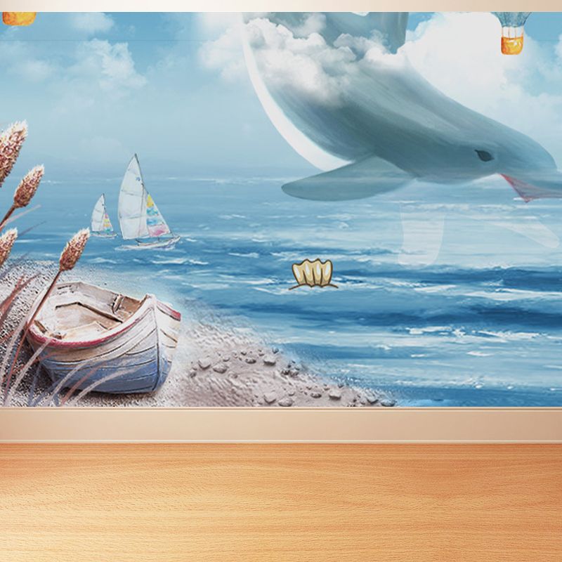 Whale and Sea Mural Decal Pastel Color Children's Art Wall Covering for Kids Room