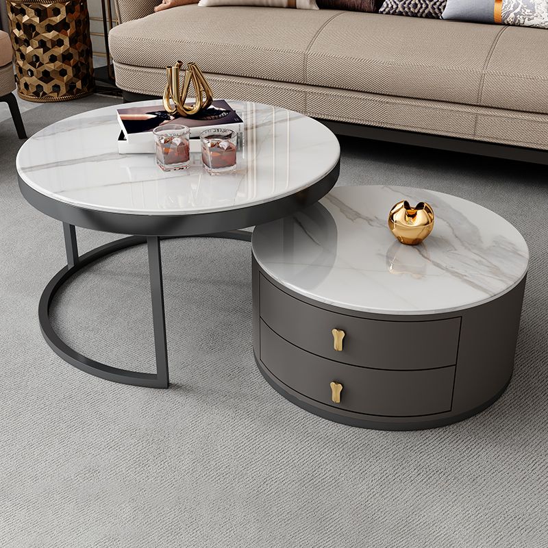 No Distressing Stone Coffee Table Frame Round Nesting Coffee Table Set with 2 Drawers