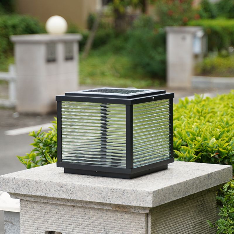 Rectangular Shape Metal Solar Pillar Lamp Modern Style 1 Light Outdoor Lights in Black