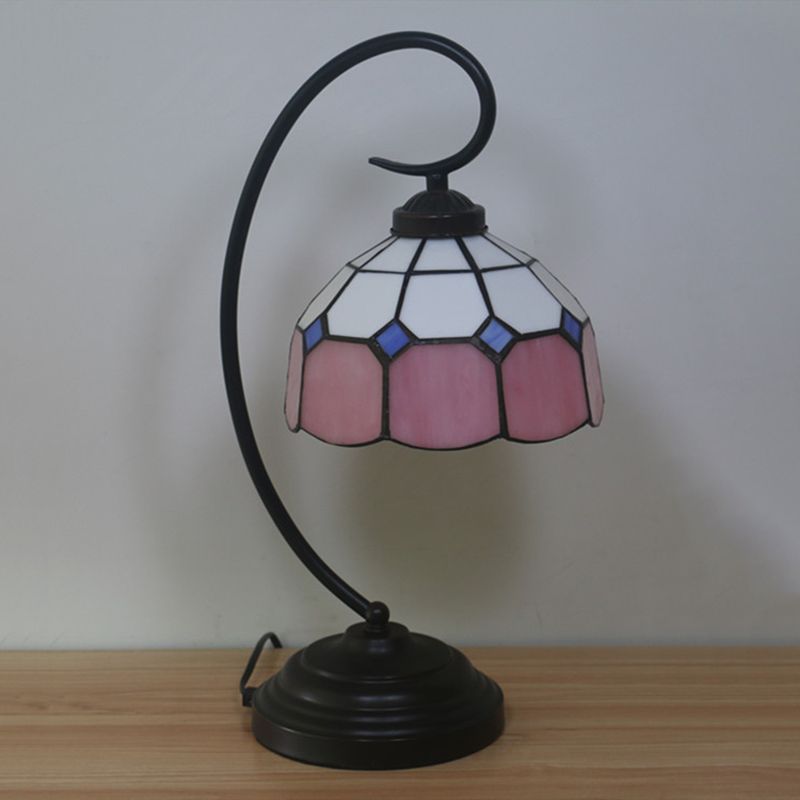 Domed Night Light Tiffany Hand Cut Glass 1 Head Red/Pink Grid Patterned Nightstand Lamp with Curved Arm