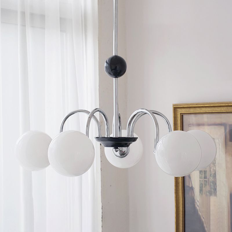 Modern Style Spherical Shape Chandelier Lights White Glass Pendant Lights in Silver