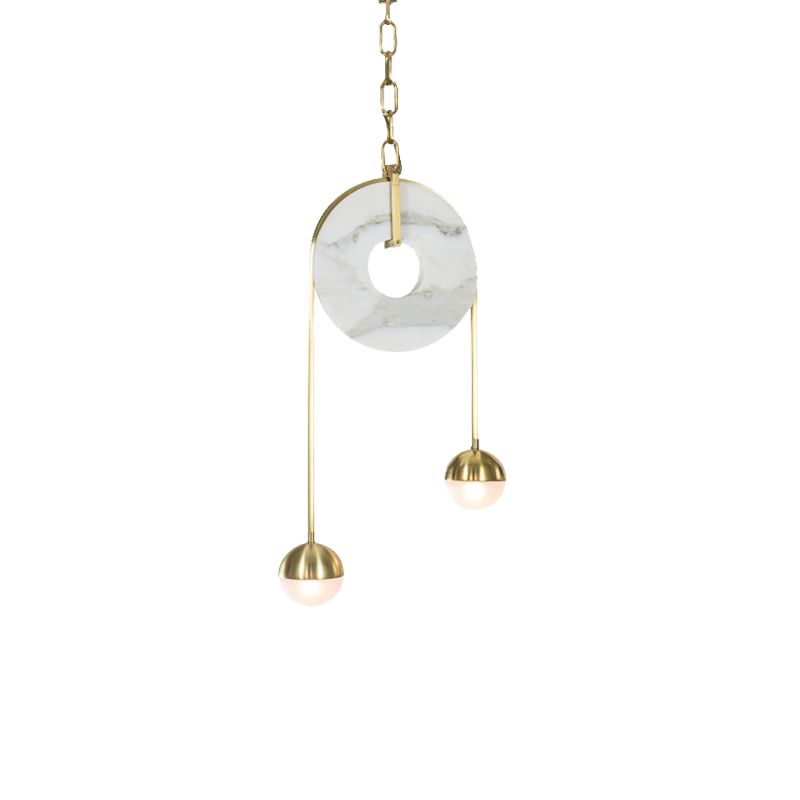 Gold Ball Anhänger Beleuchtung Post moderne 2 Lichter weiße Glas LED Hängende Lampe mit Riemenscheibe und Kette