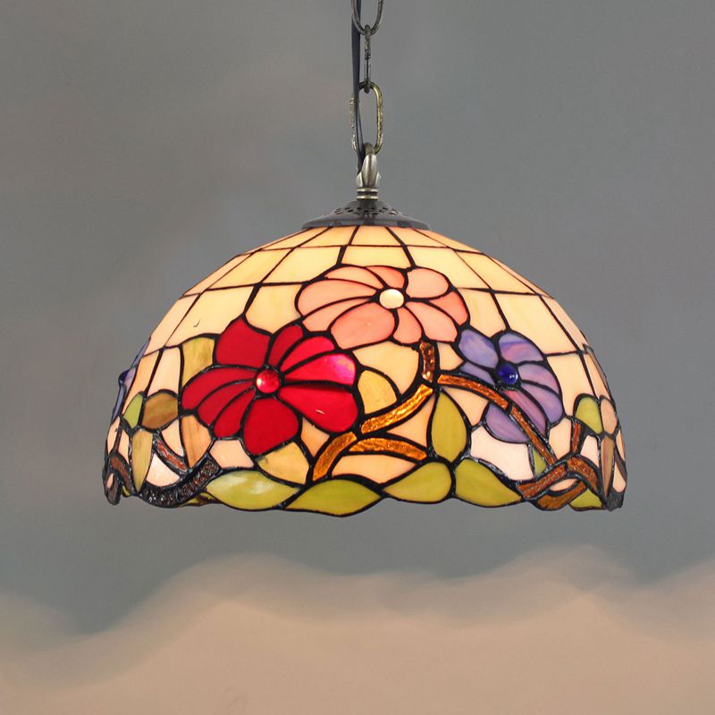 Tiffany-Style Dome Ceiling Light 1-Light Stained Glass Hanging Pendant Light for Restaurant