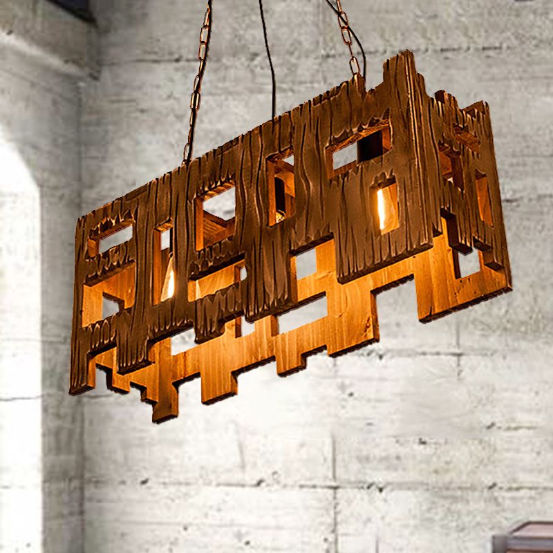 Brown Rectangle Pendant Fixture Antique Etched Wood 1/2/3-Light Dining Room Hanging Ceiling Light