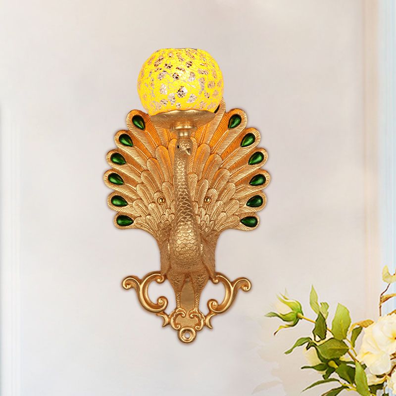 Country Bubble Wall Lighting 1 Light Crackle Glass Wall Mounted Lamp with Peacock Detail in Gold