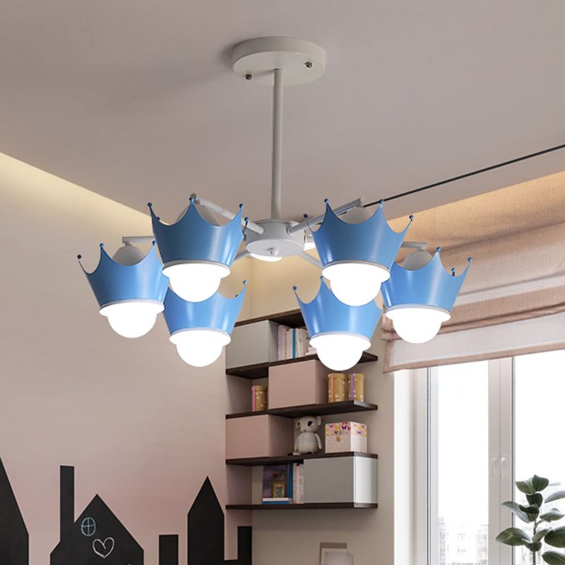 Radiale Eisendecke Kronleuchter Kid 6/8 Lampengelb/blau hängende Anhänger Licht mit Kronenlampenschatten