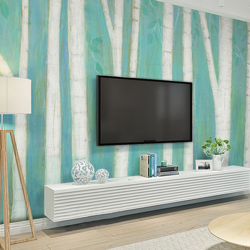 Contemporary Wall Art Green and Blue Birch Tree Mural Wallpaper, Personalized Size Available