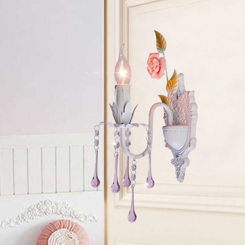 1 Bulb Wall Sconce Traditional Candlestick Faceted Crystal Wall Light Fixture in White/Green for Living Room
