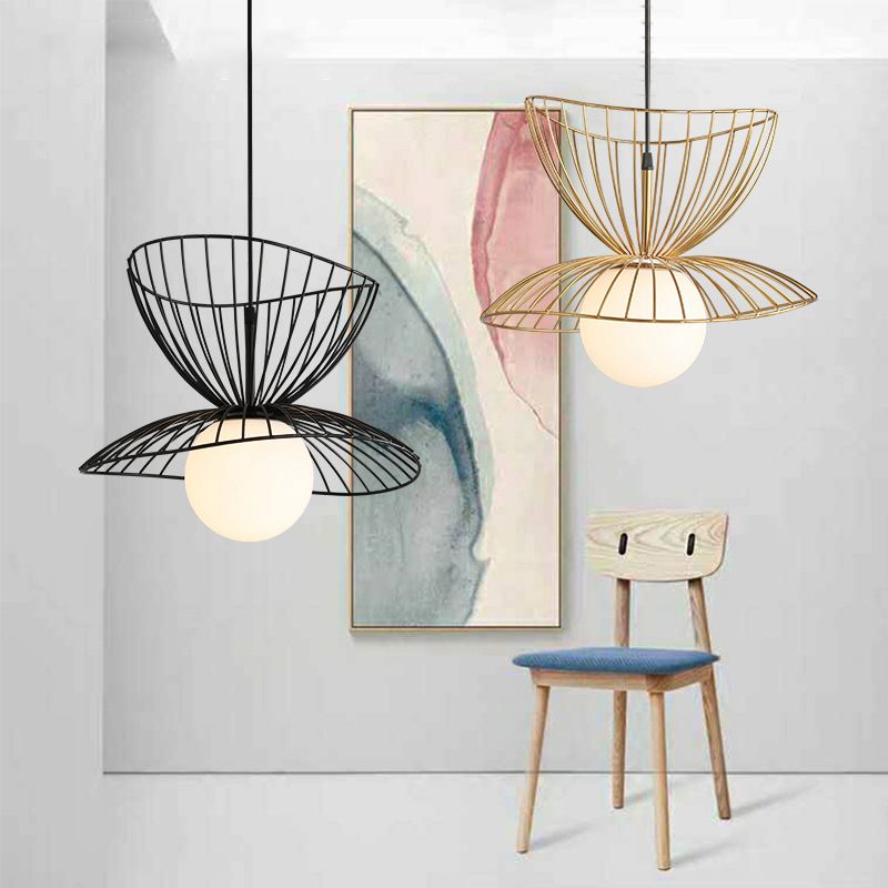 Designer Ball Suspension Lighting Wit glas 1 Licht woonkamer Hanglampje met draadkooi
