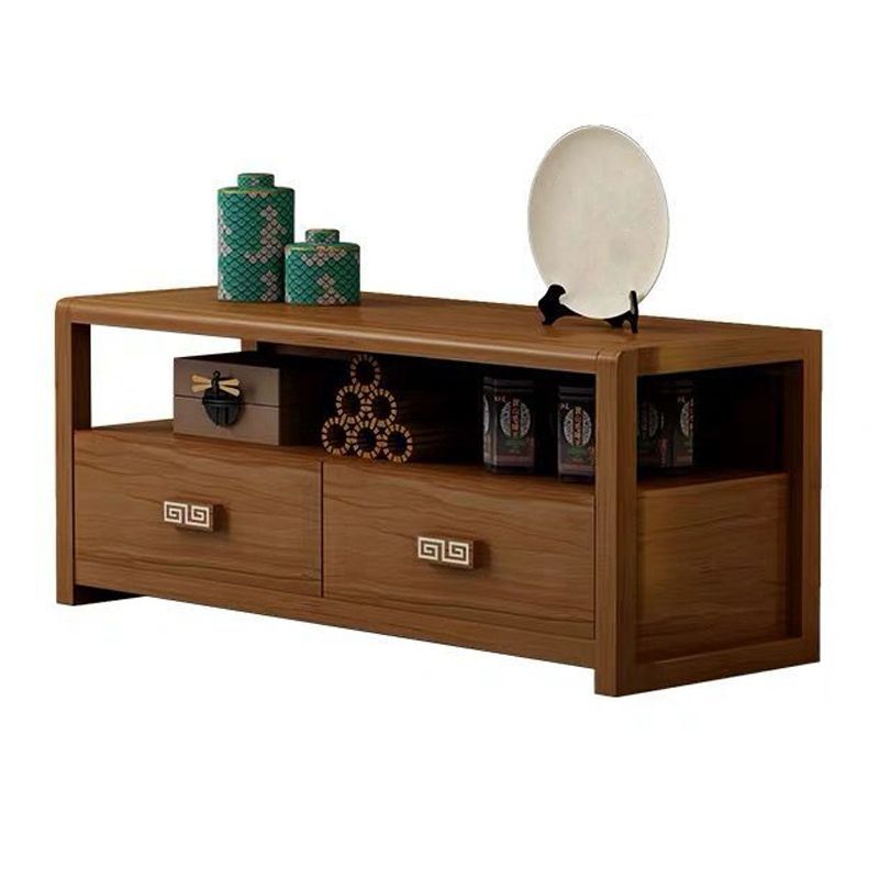 Brown Rubber Wood TV Stand Contemporary Style TV Cabinet with 2 Drawers