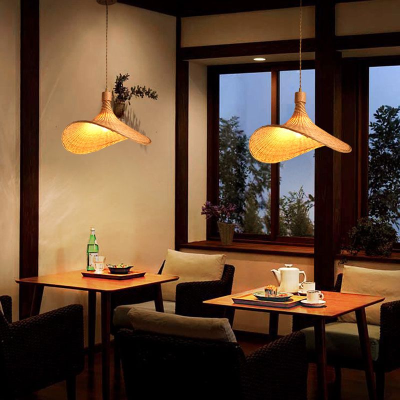 Straw Hat Pendant Light Kit Asia Style Bamboo Restaurant Ceiling Pendant Light in Beige