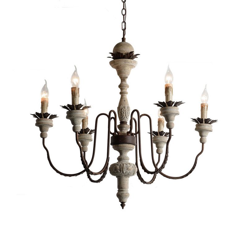 Candle Wood Pendant Chandelier Traditional 6 Lights Living Room Wood Suspension Lighting in Distressed White