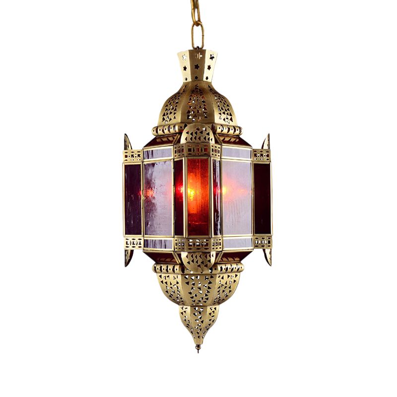 3 Heads Red Glass Suspension Light Arabian Brass Lantern Pendant Chandelier with Cutout Decor