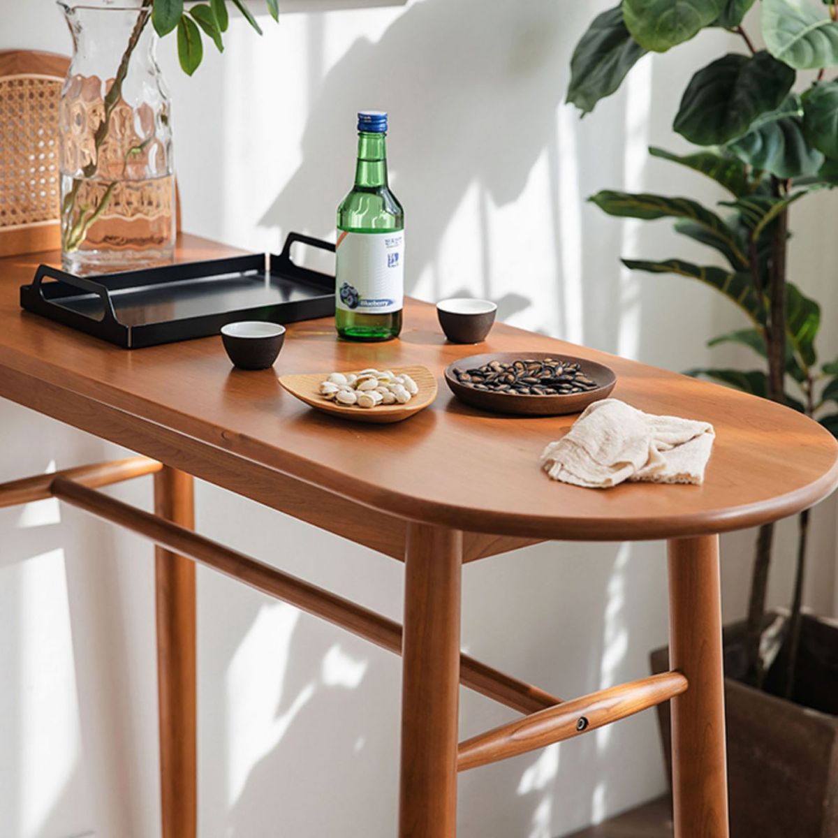 Modern Solid Wood Bar Table Set 1/2/3 Pcs Oval Bar Table and Stools in Brown