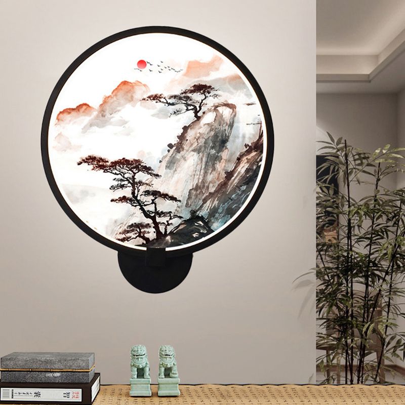 LED Hallway Wall Lighting Fixture Chinese Black Pine Tree and Mountain Mural Light with Round Acrylic Shade